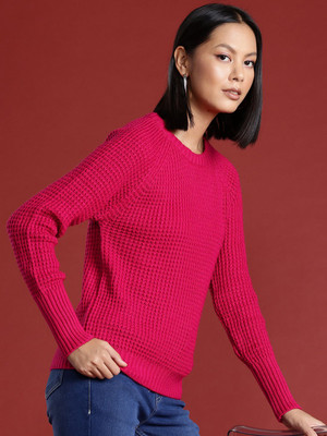 all about you Solid Round Neck Casual Women Pink Sweater