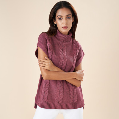 Akkriti by Pantaloons Self Design High Neck Casual Women Maroon Sweater
