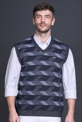 GODFREY Checkered V Neck Casual Men Dark Blue Sweater