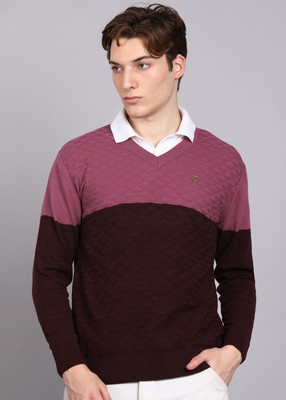 Raymond Self Design V Neck Casual Men Red Sweater