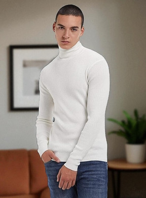 AEMA Self Design High Neck Casual Men White Sweater