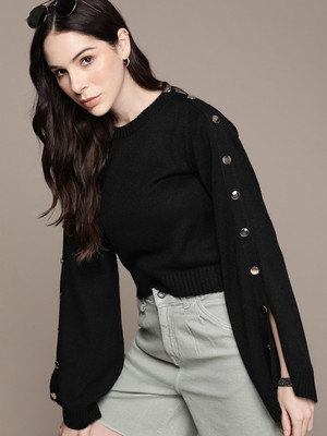 Roadster Solid Round Neck Casual Women Black Sweater