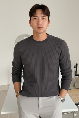Pivl Striped Round Neck Casual Men Grey Sweater