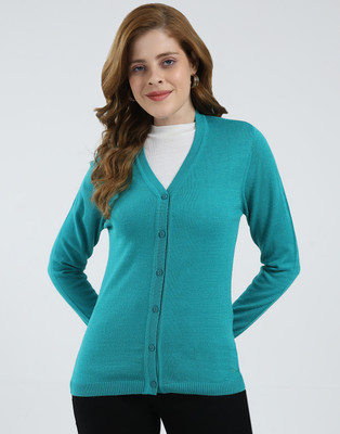 MONTE CARLO Solid V Neck Casual Women Blue Sweater
