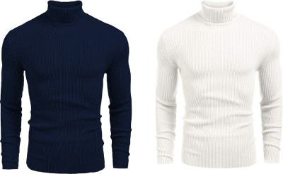 nikline Self Design High Neck Casual Men Blue, White Sweater