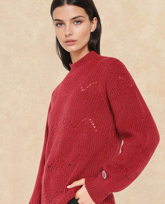 RAREISM Solid High Neck Casual Women Maroon Sweater