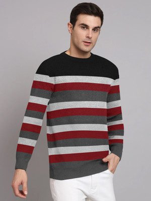 Nxtwin Striped Round Neck Casual Men Dark Blue Sweater