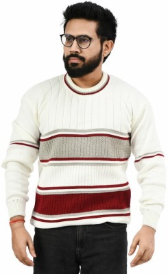 Life and style Striped Round Neck Casual Men Maroon, White Sweater
