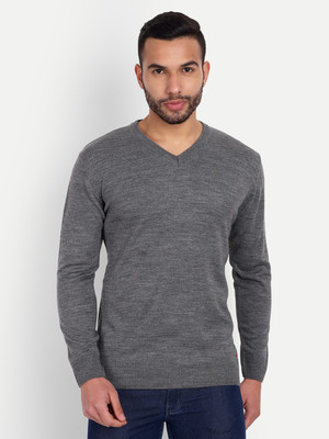 PERF Solid V Neck Casual Men Grey Sweater