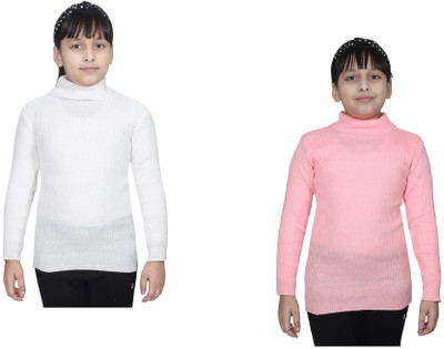 KAVYA Solid High Neck Casual Girls Pink, White Sweater