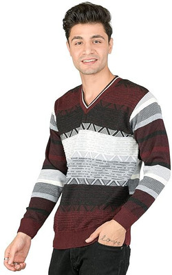 MUSKAN KNITWEAR Checkered V Neck Casual Men Maroon Sweater
