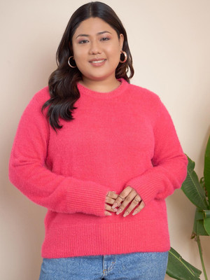 CURVY STREET Printed Round Neck Casual Women Pink Sweater