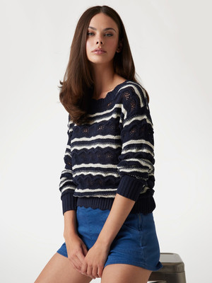 GUESS Striped Round Neck Casual Women Dark Blue Sweater