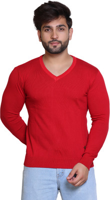 Reveller Solid V Neck Casual Men Red Sweater