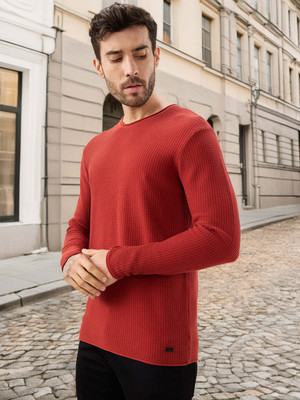Status Quo Solid, Self Design Round Neck Casual Men Orange Sweater