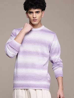 Roadster Self Design Round Neck Casual Men Purple Sweater