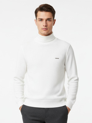 Parcel Yard Solid Turtle Neck Casual Men White Sweater