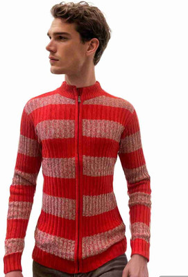 FORWARDS Striped High Neck Casual Men Red Sweater