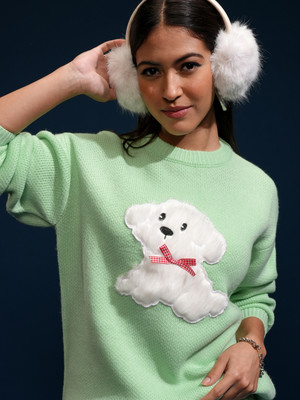 Tokyo Talkies Embroidered Round Neck Casual Women Green Sweater