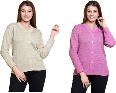 Japroz Solid V Neck Formal Women White, Purple Sweater