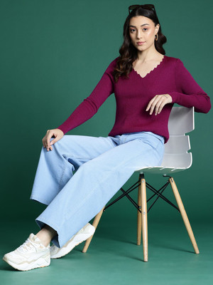 Dressberry Solid V Neck Casual Women Purple Sweater