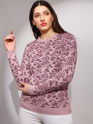 Globus Printed Round Neck Casual Women Pink, Purple Sweater