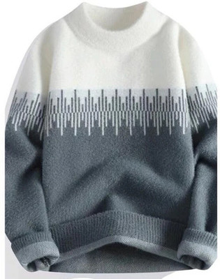 Ucollection Printed Round Neck Casual Men White Sweater