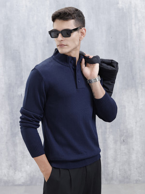 WROGN Solid High Neck Casual Men Black Sweater