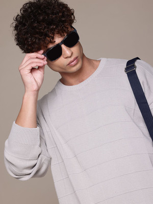Roadster Self Design Round Neck Casual Men Grey Sweater