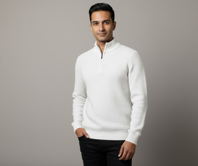 WoolCraft Solid High Neck Casual Men White Sweater