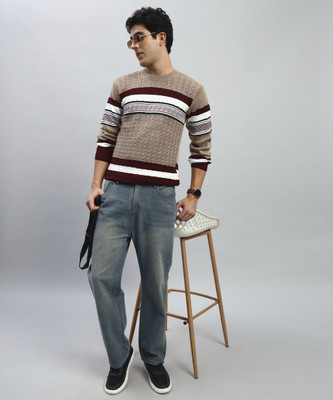 SILVANUS Striped Round Neck Casual Men Brown Sweater
