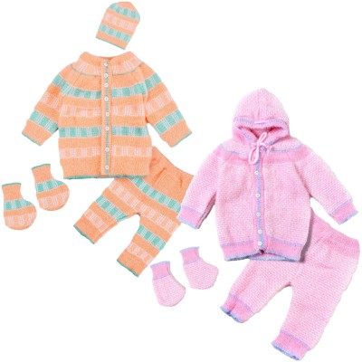 Toyific Baby Boys & Baby Girls Casual Sweater Pyjama, Cap, Bootie(Peach, Pink)