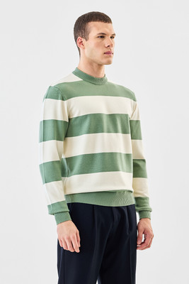 Snitch Striped Crew Neck Casual Men Green, White Sweater