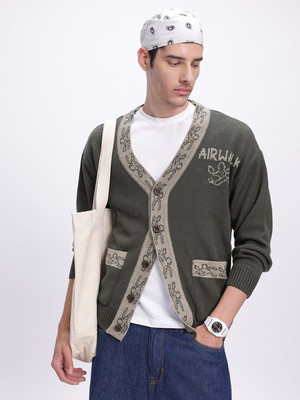 Glitchez Self Design V Neck Casual Men Green Sweater