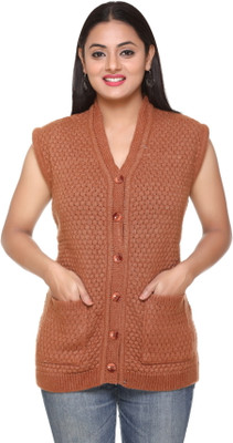 WOOL 4U Self Design V Neck Casual Women Brown Sweater