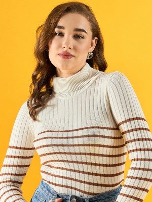 98 Degree North Striped High Neck Casual Women White Sweater