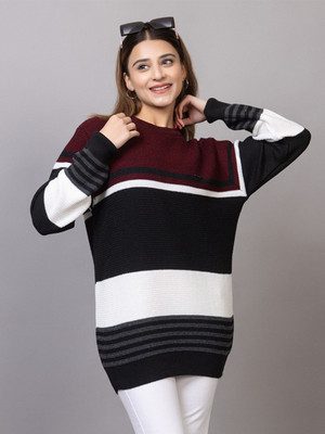 WAY TO TRENDY Striped Round Neck Casual Women Maroon Sweater