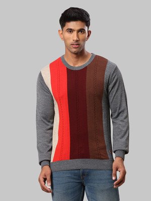 Raymond Self Design Round Neck Casual Men Grey Sweater