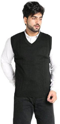 Ravi Gold Print Solid V Neck Casual Men Black Sweater