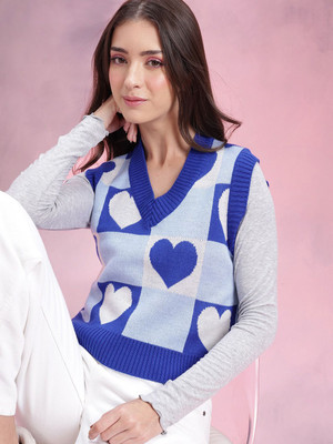 Dressberry Self Design V Neck Casual Women Blue Sweater