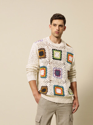 Mr Bowerbird Self Design Round Neck Casual Men White Sweater