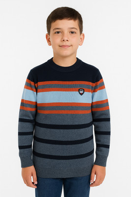 SELCAN Striped Round Neck Casual Boys Orange, Grey Sweater