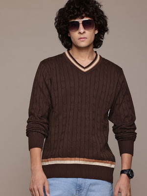 Roadster Self Design Round Neck Casual Men Brown Sweater