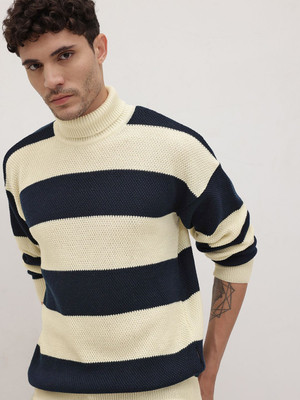Roadster Striped High Neck Casual Men White Sweater