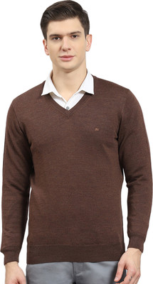 MONTE CARLO Solid V Neck Casual Men Brown Sweater