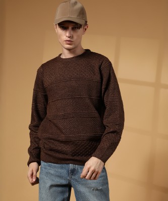 CAMPUS SUTRA Solid Crew Neck Casual Men Brown Sweater