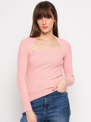 Camey Self Design Round Neck Casual Women Pink Sweater