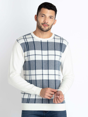 Status Quo Checkered Round Neck Casual Men White Sweater