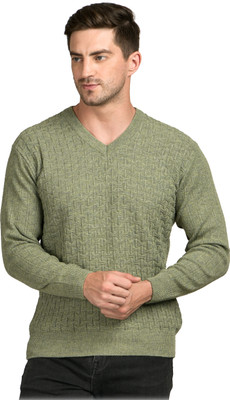 NICO WESLEY Self Design V Neck Casual Men Dark Green Sweater