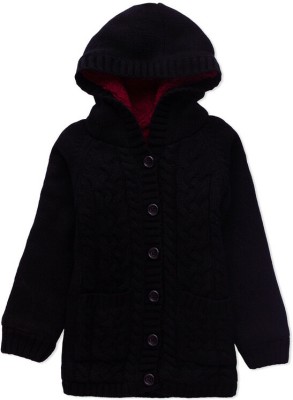 COMPOUND Self Design Hooded Neck Casual Baby Girls Black Sweater